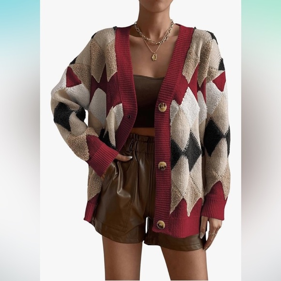 New Stylish Women's Argyle Cardigan Sweater medium - Picture 1 of 4